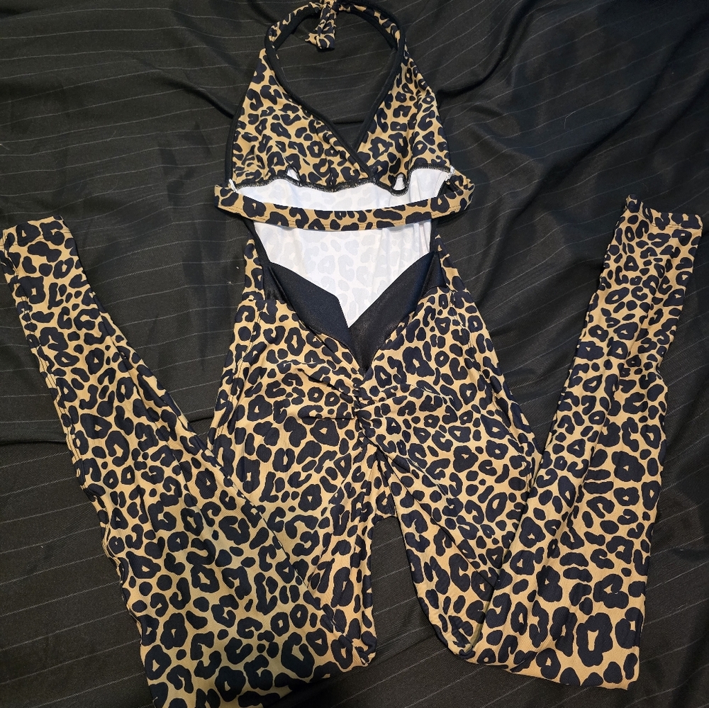 Leopard Print Halter Jumpsuit Romper - Black & Cream - Picture 2 of 2